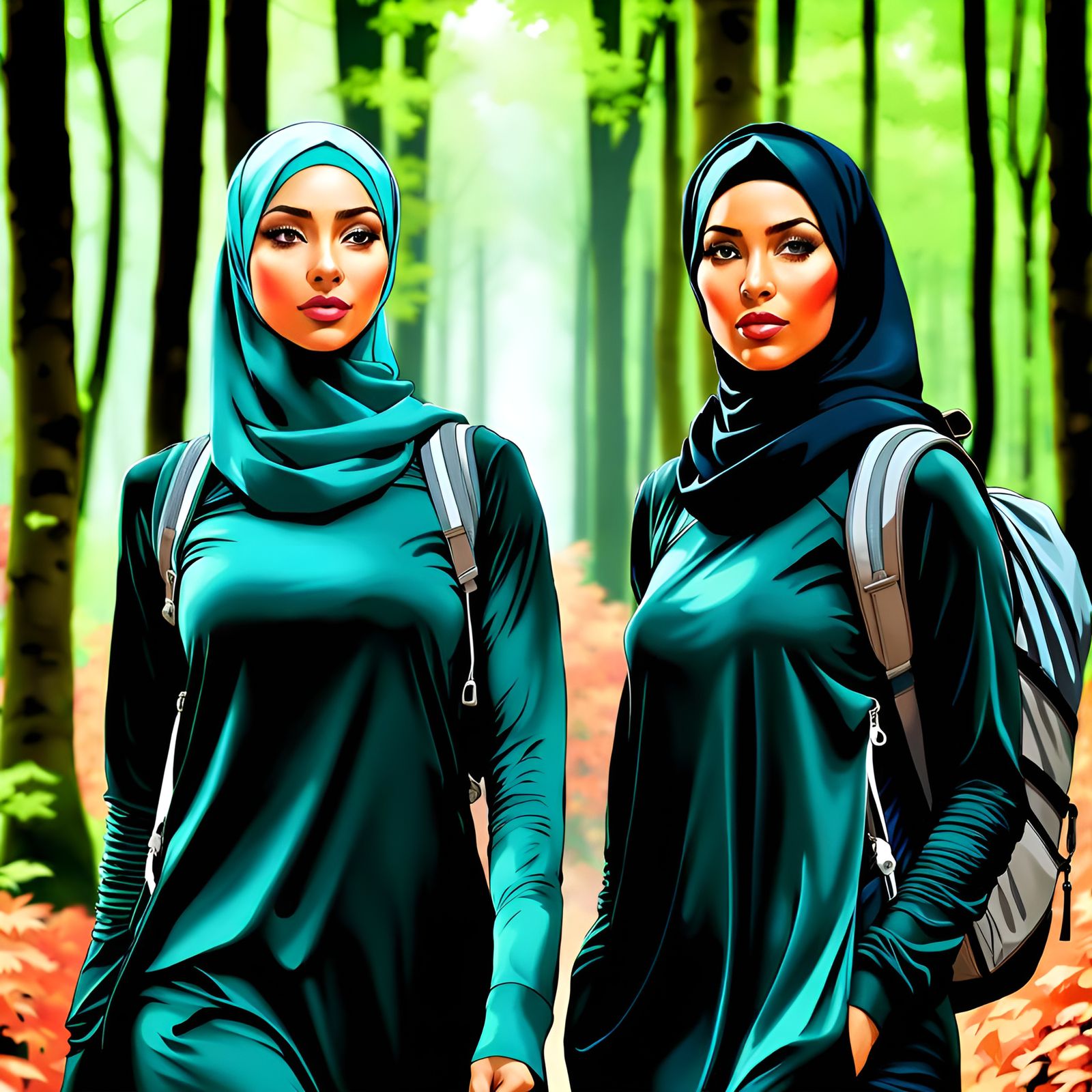 Hijabi Women Hiking Through Lush Forest, Detailed Art
