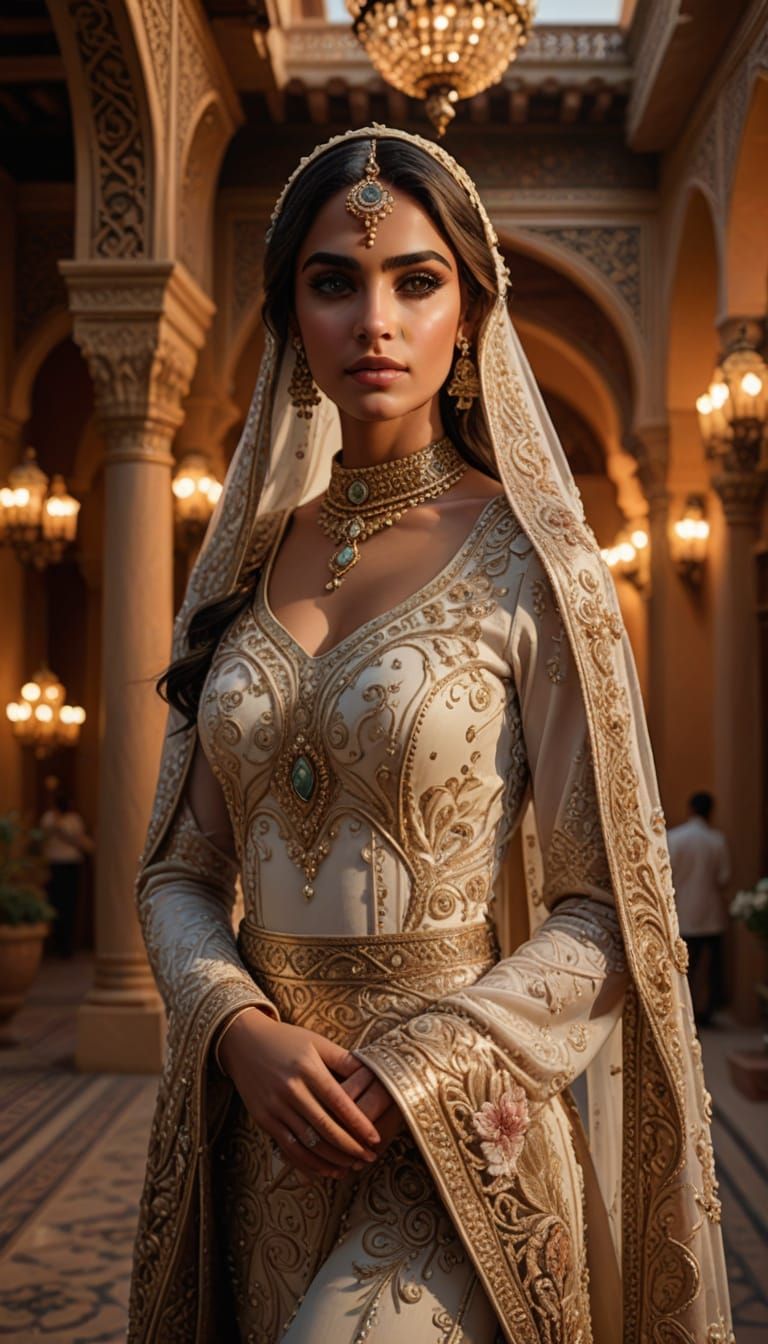 Elegant Arabian Bride in Golden Hour Courtyard