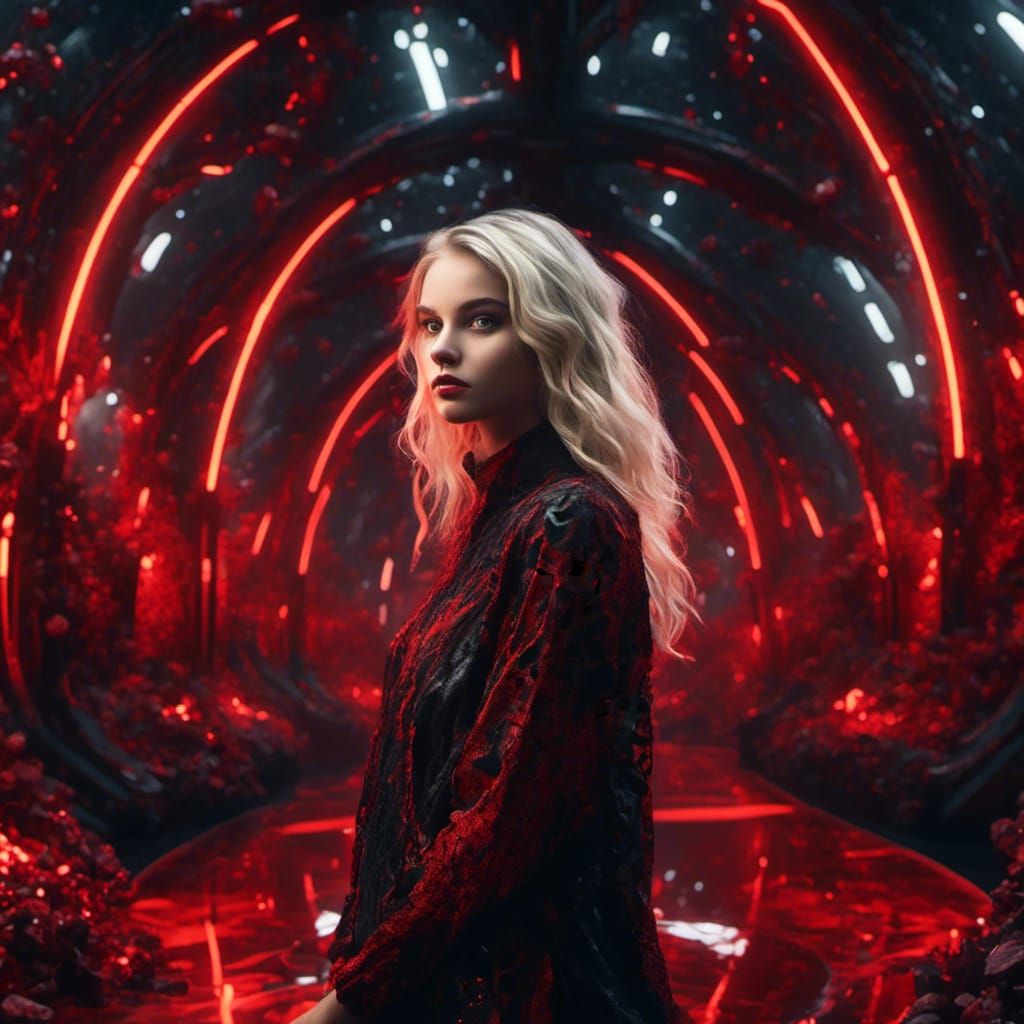 Blonde Girl in a Futuristic Red and Black World