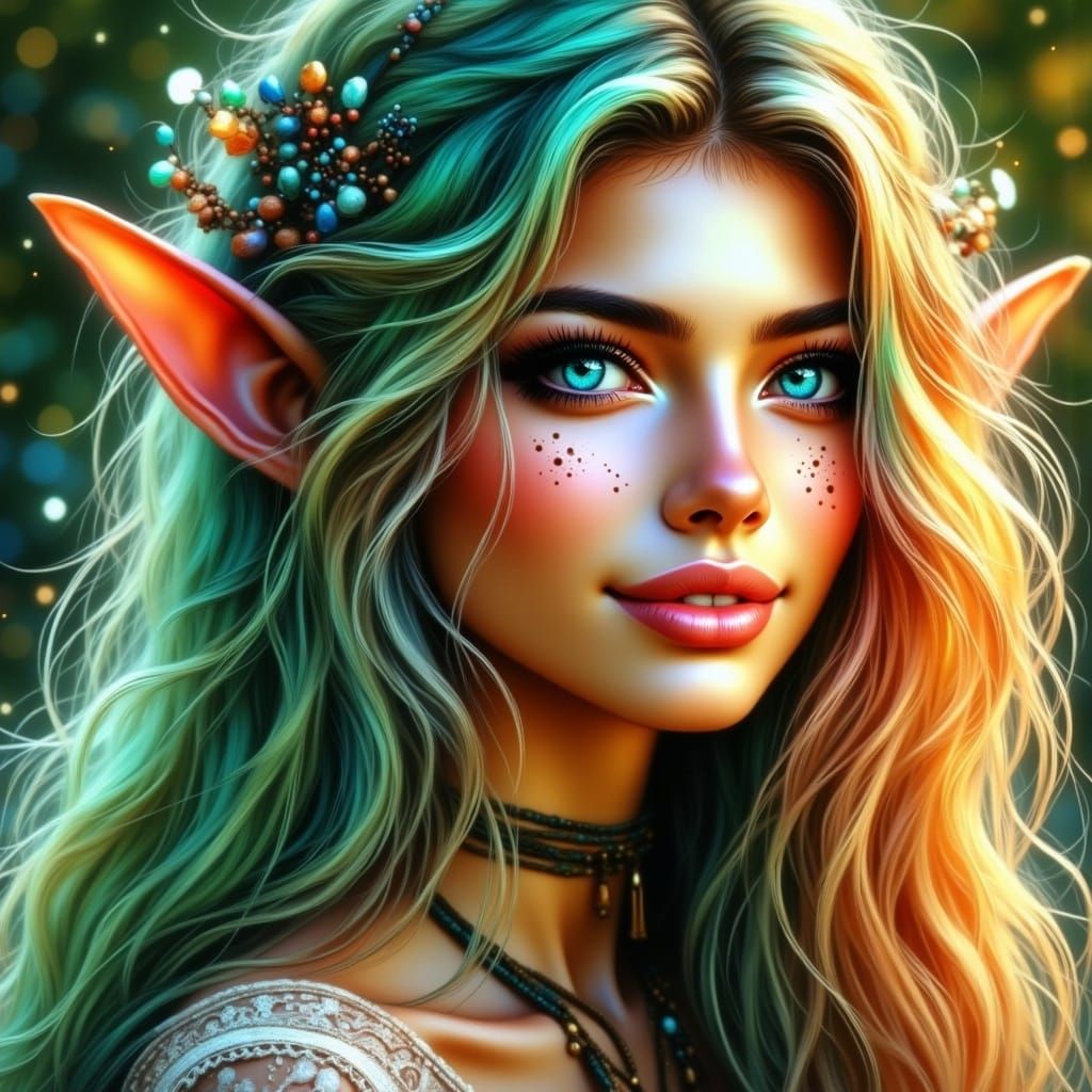 Ethereal Elf Maiden with Vibrant Holographic Hair
