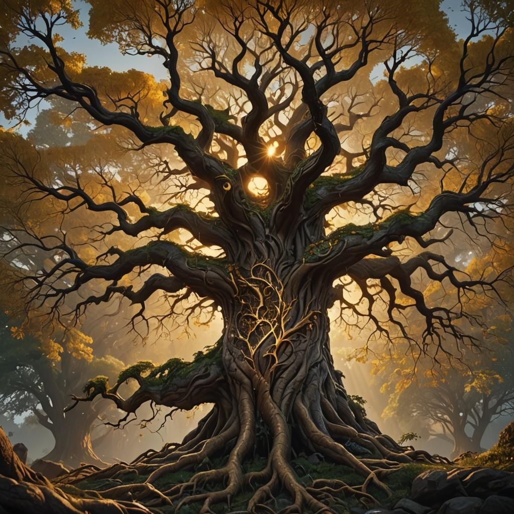 Majestic Tree Radiates Golden Light and Healing