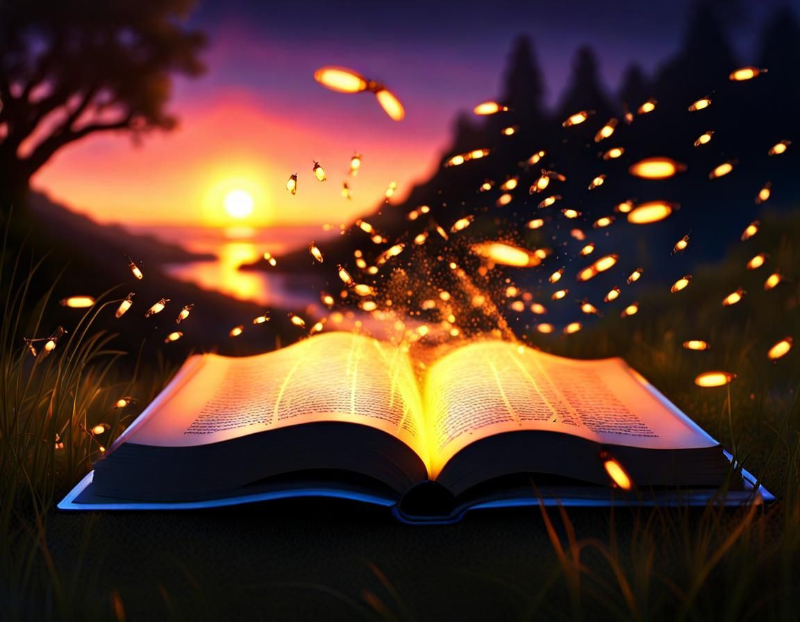 Fantasy World Open Book with Glowing Fireflies at Sunset