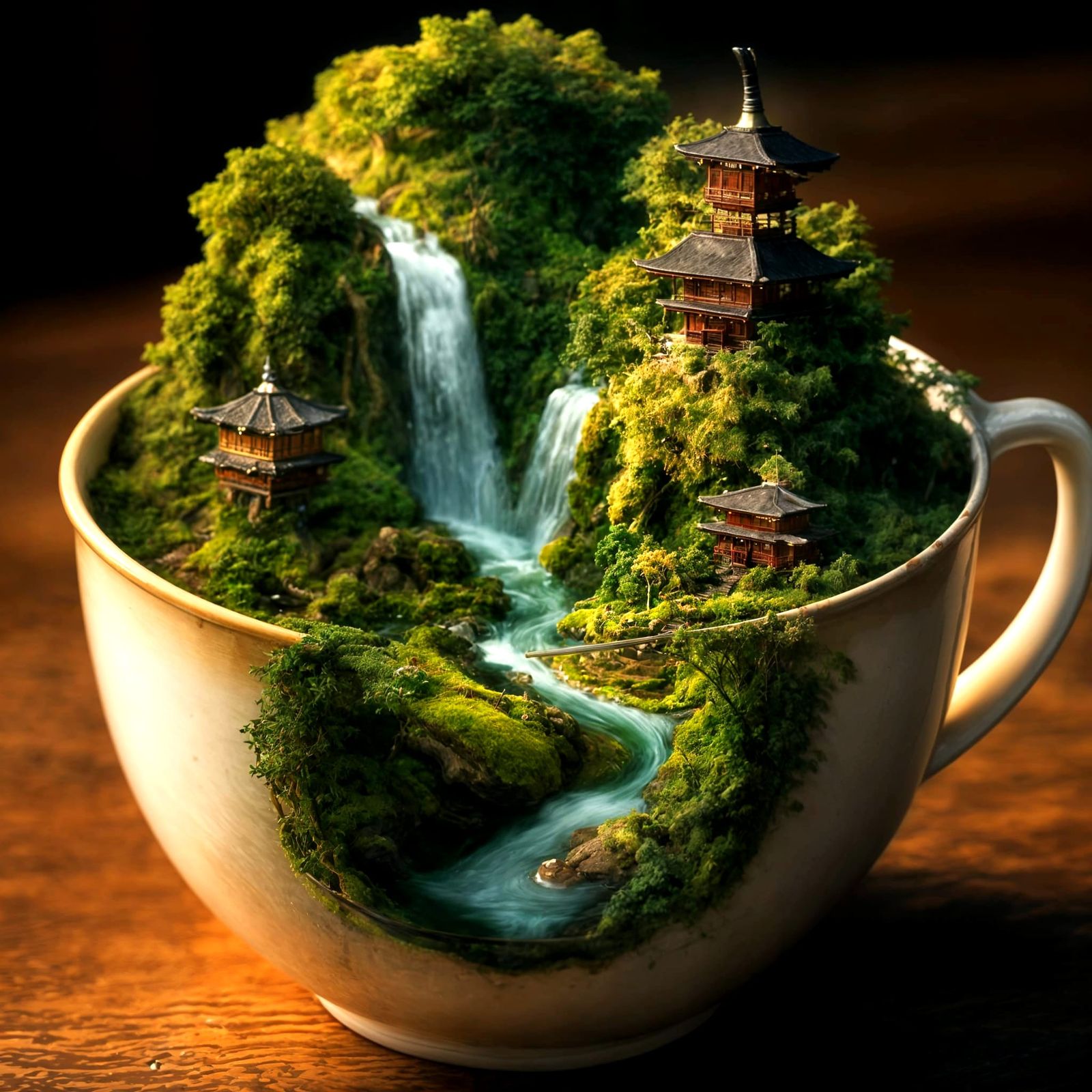 Miniature Japanese Village Inside a Teacup