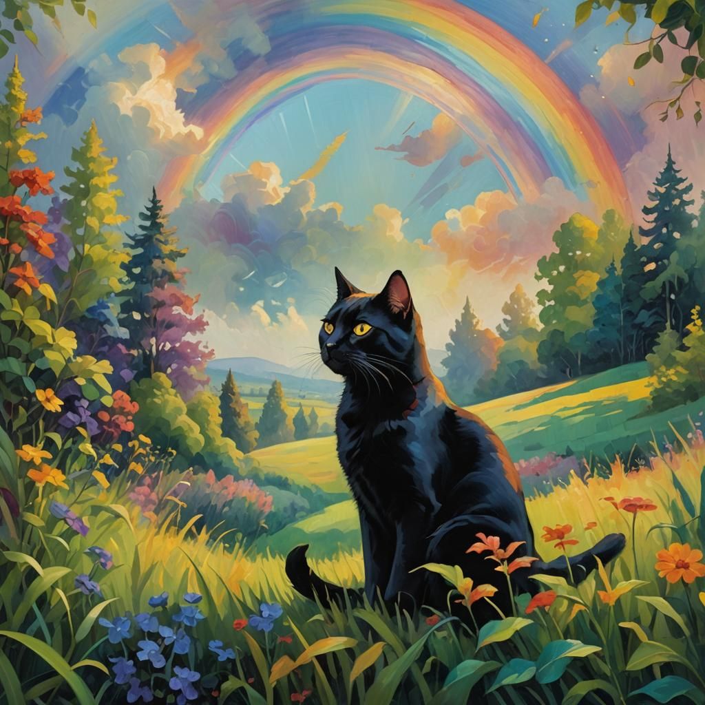 Black Cat Watches Rainbow in Impressionist Oil Painting