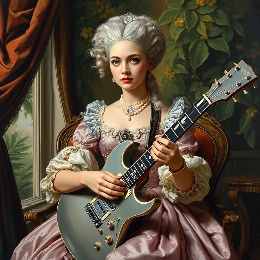 Rococo Duchess with Electric Guitar: An Impasto Portrait