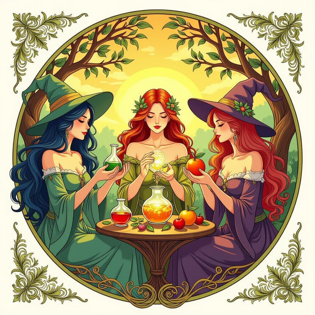 Art Nouveau Witches Crafting Nature Potions in Golden Hour