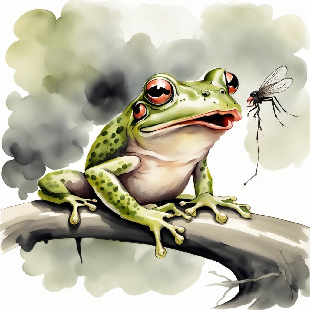 Frog Catching Fly: Sumi-e Style Illustration