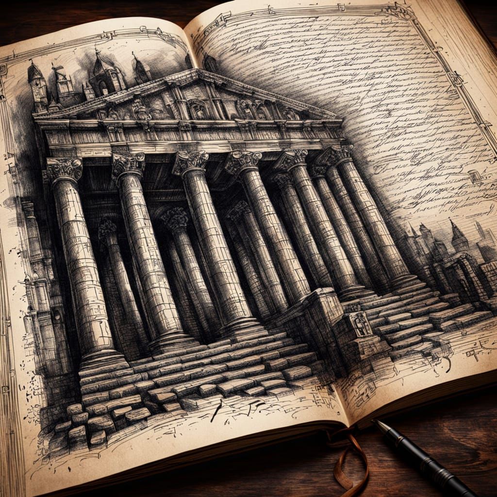 Mystical Ruins in Detailed Charcoal Sketch