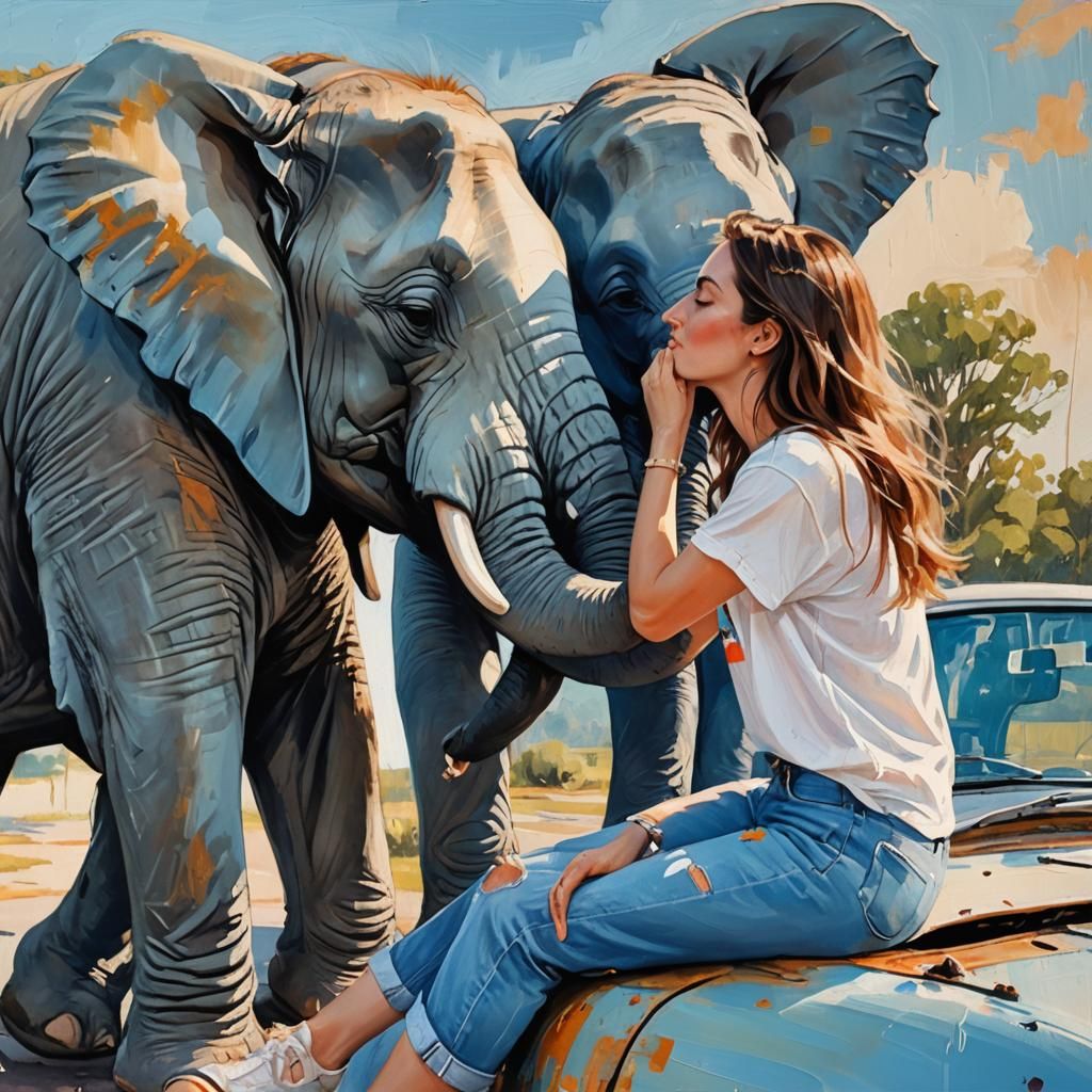 Girl Kissing Elephant: Vibrant Oil Painting