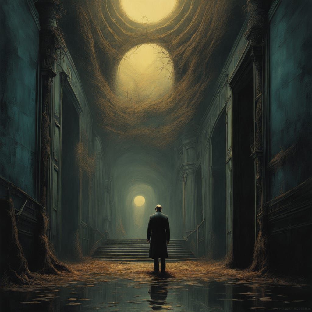 Alfred Hitchcock in a Grand, Ominous Hallway