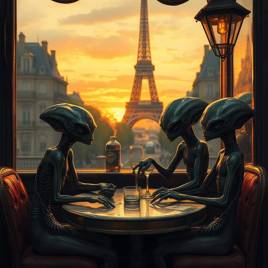 Aliens in Paris Cafe: Hyperrealistic Horror Style
