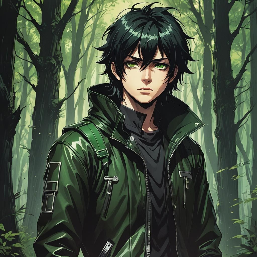 Emo Boy in Dark Forest, Anime Style