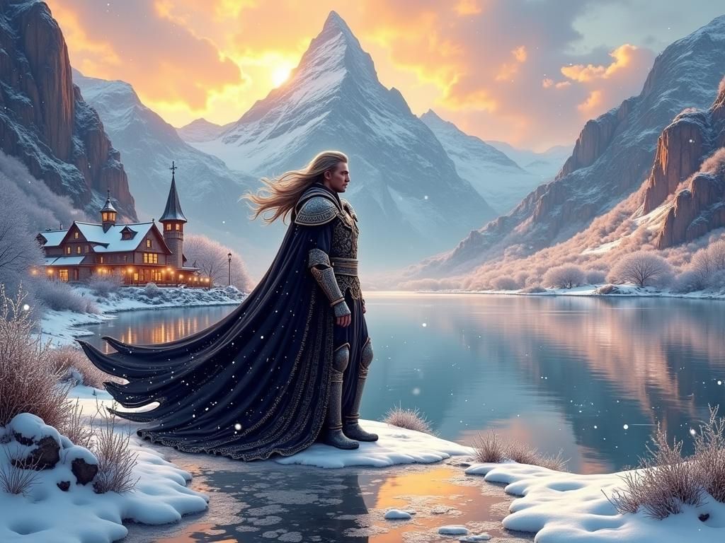 Majestic King Overlooks Snowy Village, Digital Art