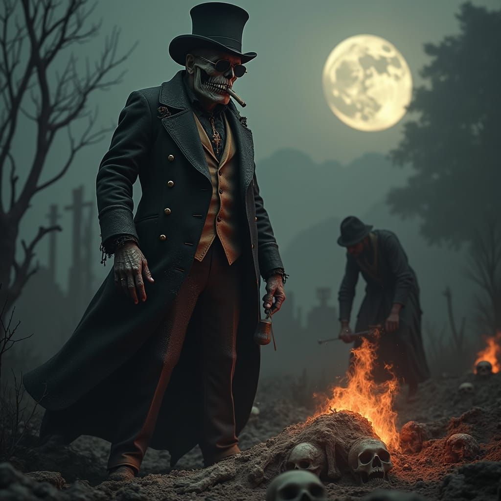 Mysterious Baron Samedi in Desolate Cemetery Scene