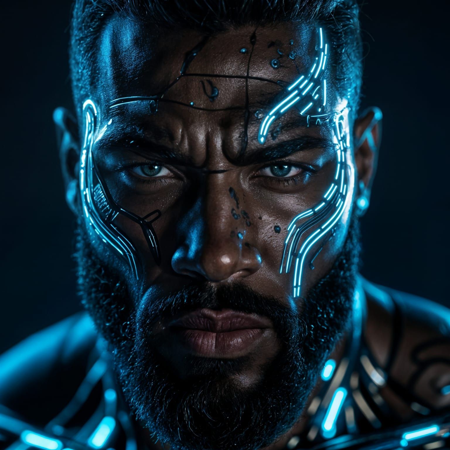 Afrofuturistic Face with Glowing Bio-Mechanical Tattoos
