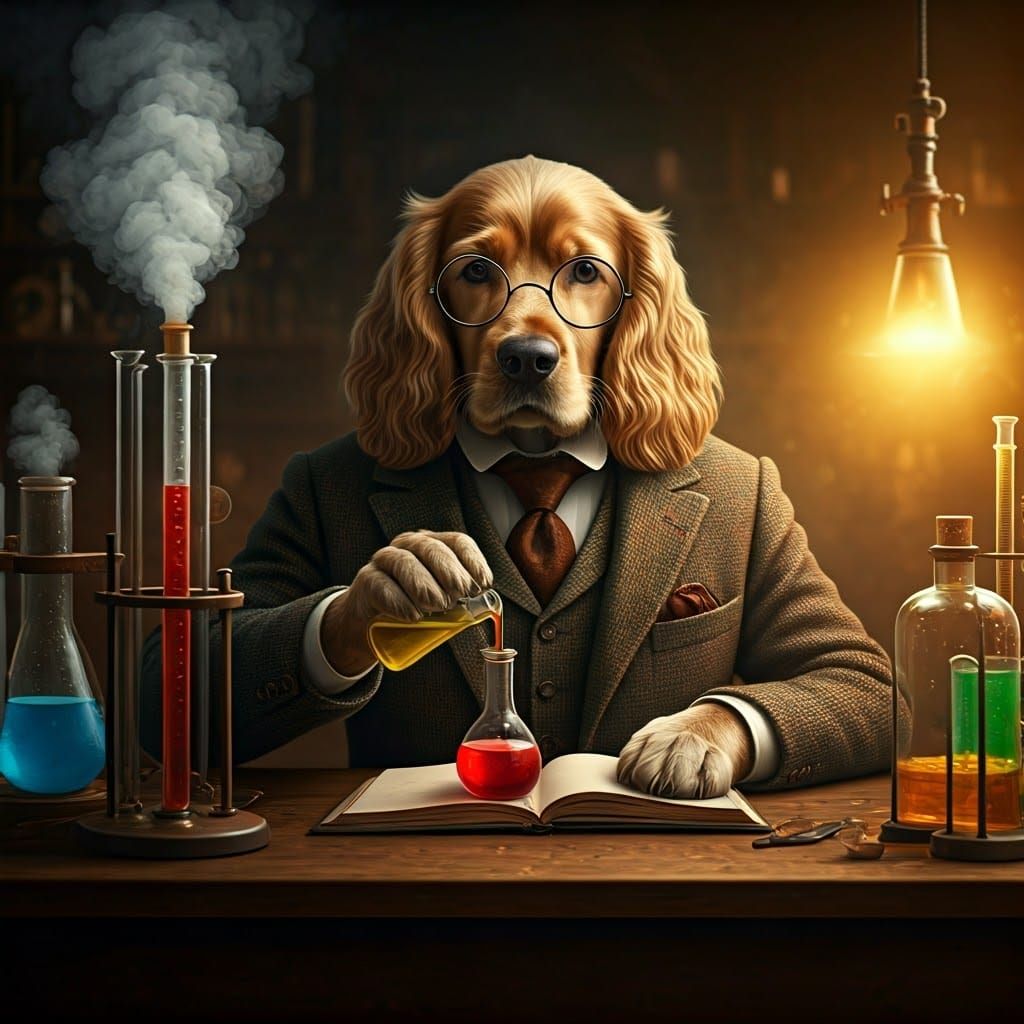Steampunk Chemist Spaniel Conducts Alchemical Experiments