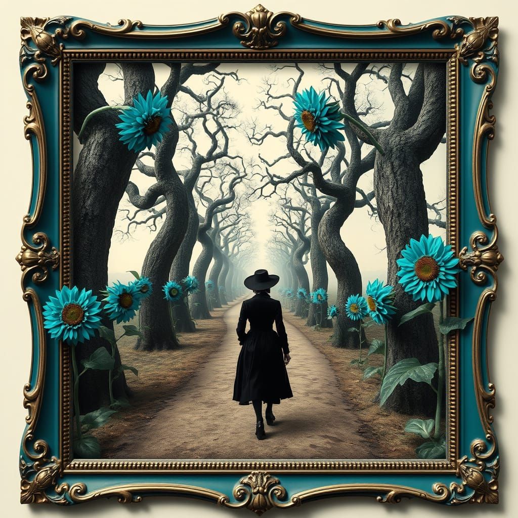 Surrealist Figure Walks a Twisted Path in Teal Frame