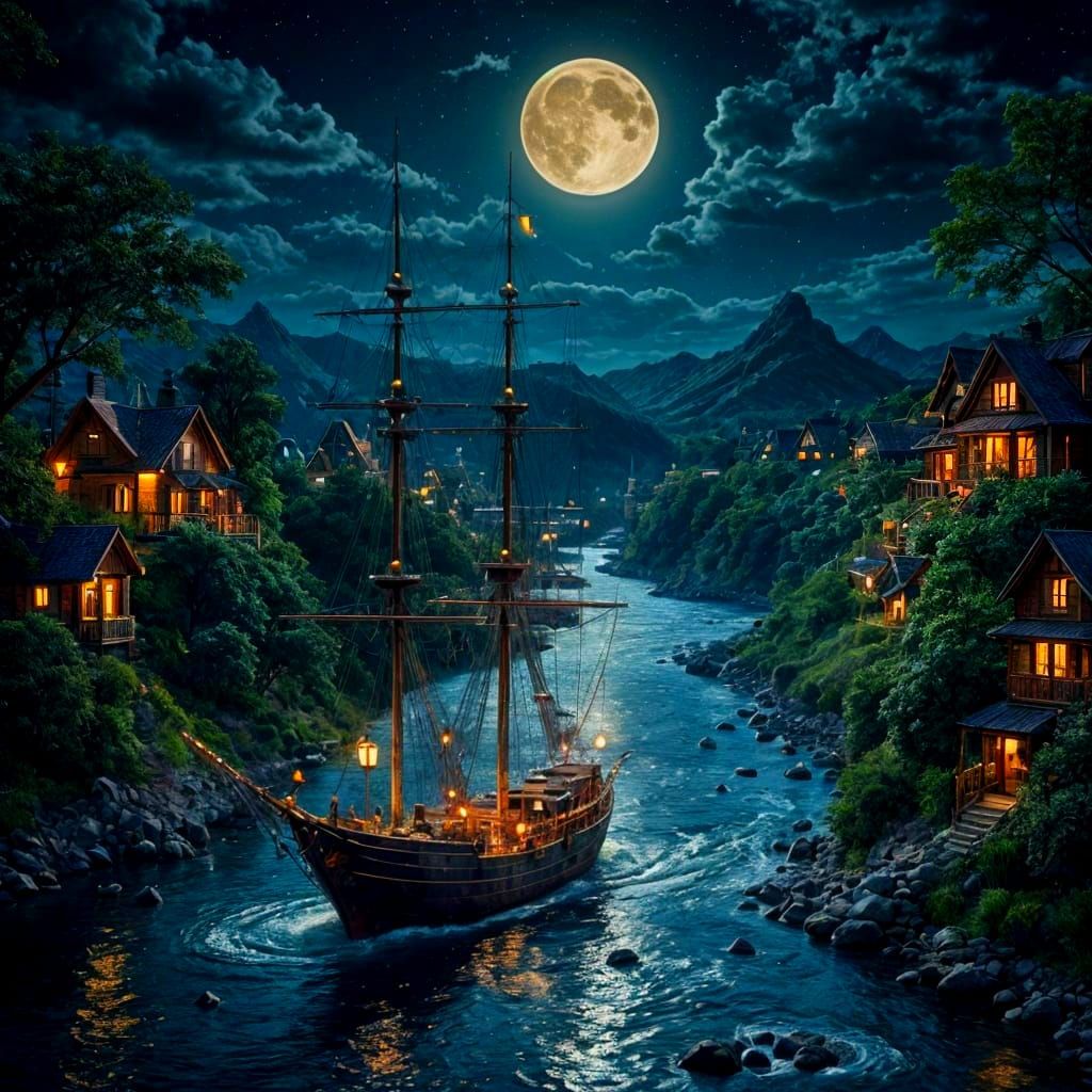 Tall Ship Sails up River at Night