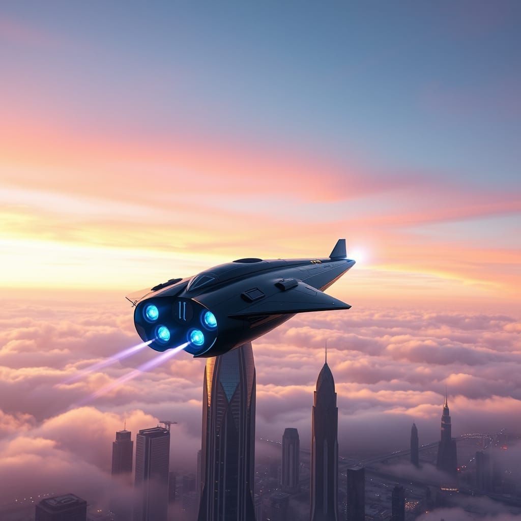 Futuristic Rocket Soars Over Neon Megacity
