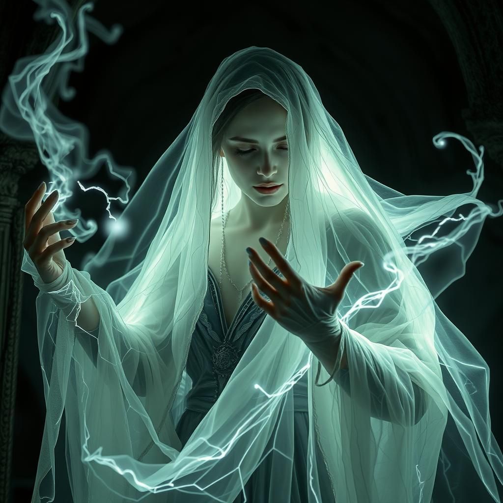 Ethereal Ghost Sorceress Weaving Magic in Crypt