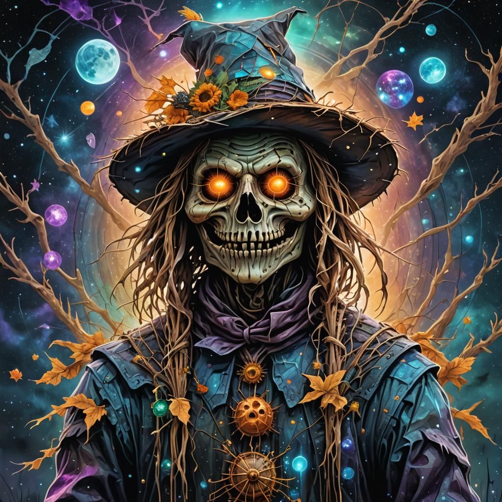 Creepy Scarecrow in Holographic Astral Illustration
