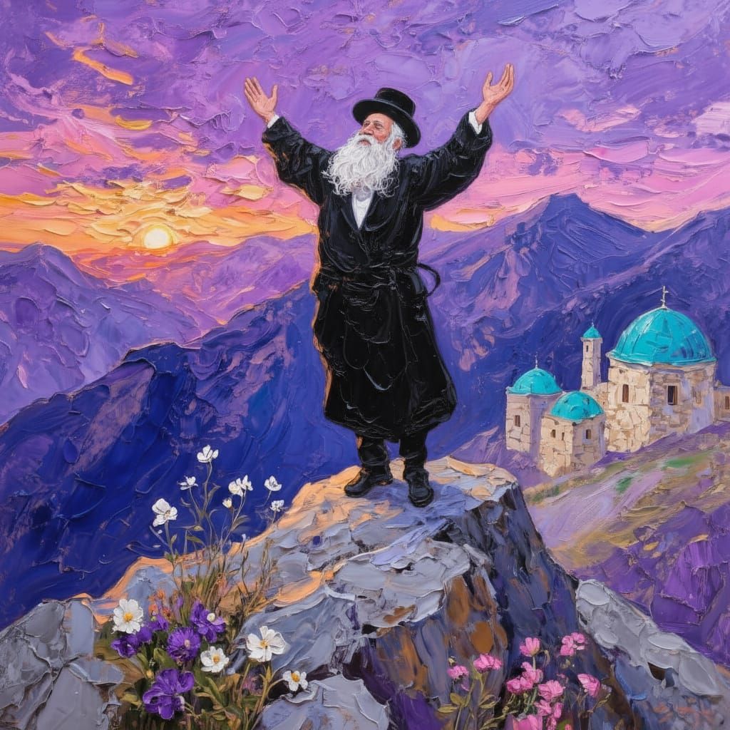 Impasto Oil Painting of Hasidic Man on Mountain Peak at Suns...