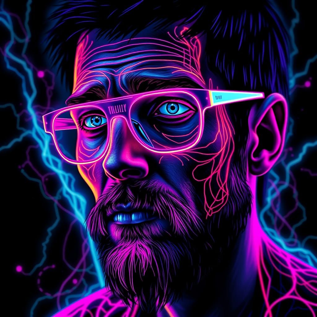 Surreal Scribe Portrait in Neon Vector Style