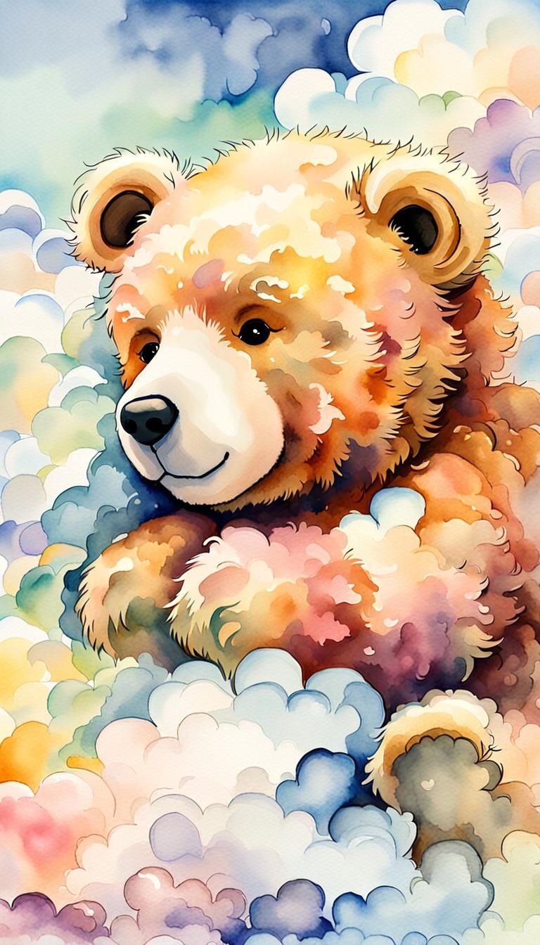 Teddy Bear Sleeping on a Cloud in Watercolor