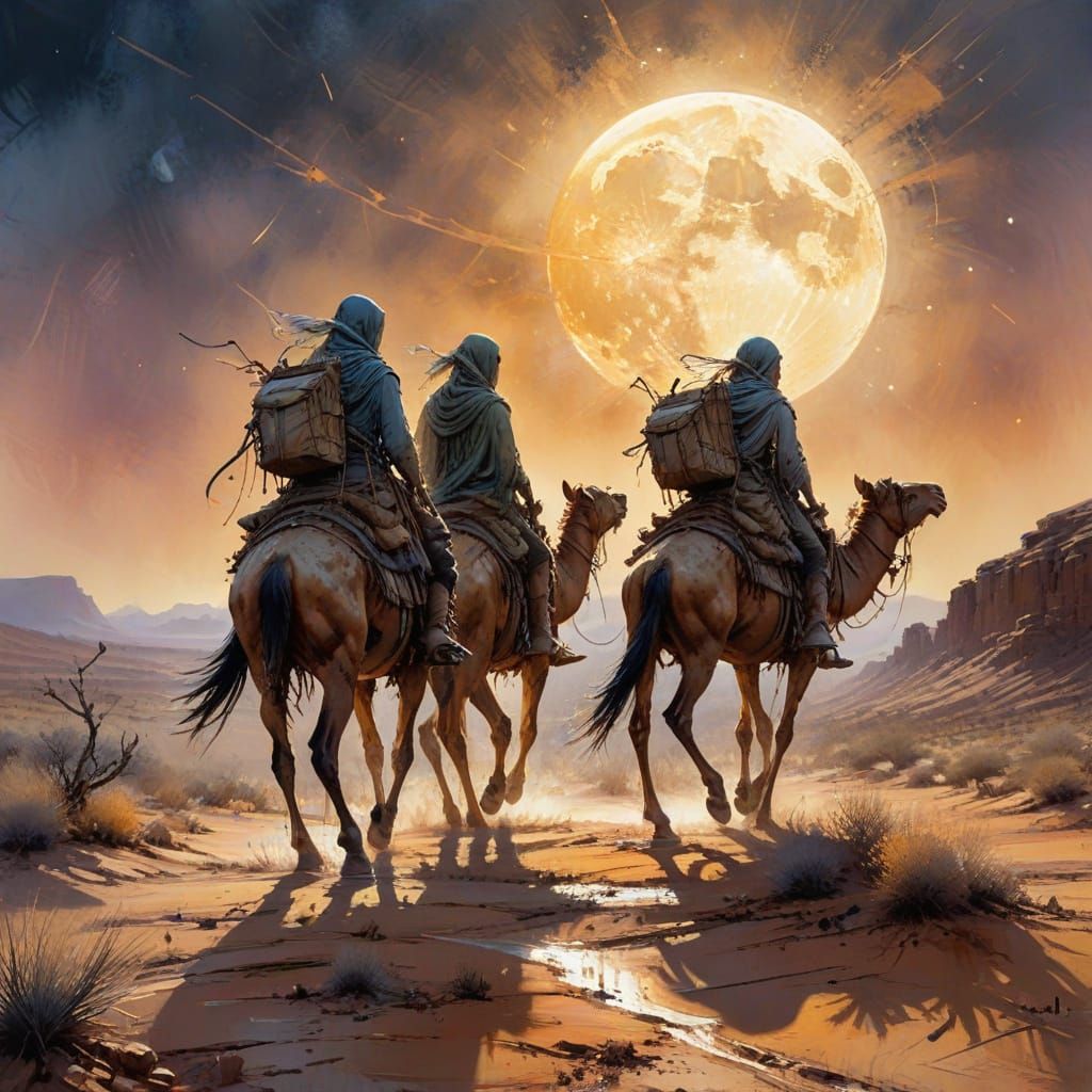 Desert Travelers Under Moon in Gouache Painting