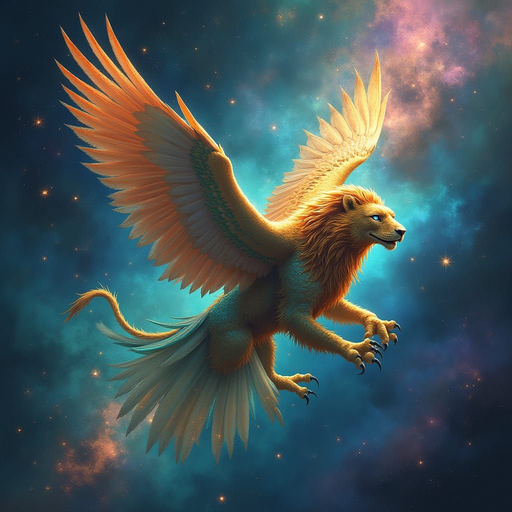 Majestic Griffin Soars Through Vibrant Nebula in Cosmic Art