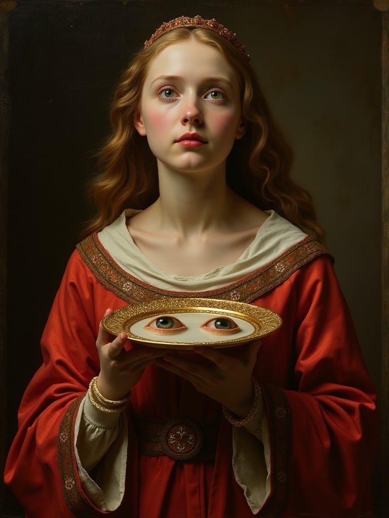 Regal St. Lucy in Crimson Robe with Golden Embroidery