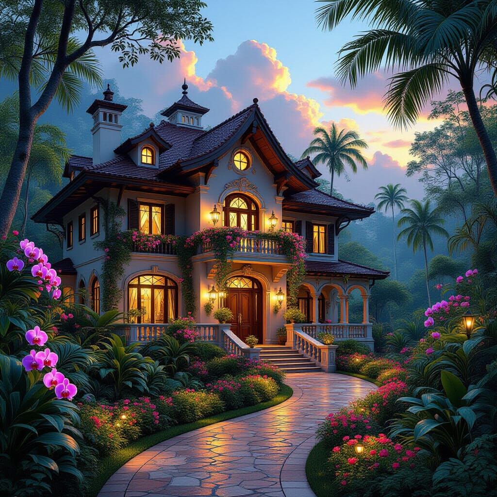 Bioluminescent Mega-Mansion in Rainforest, Digital Art