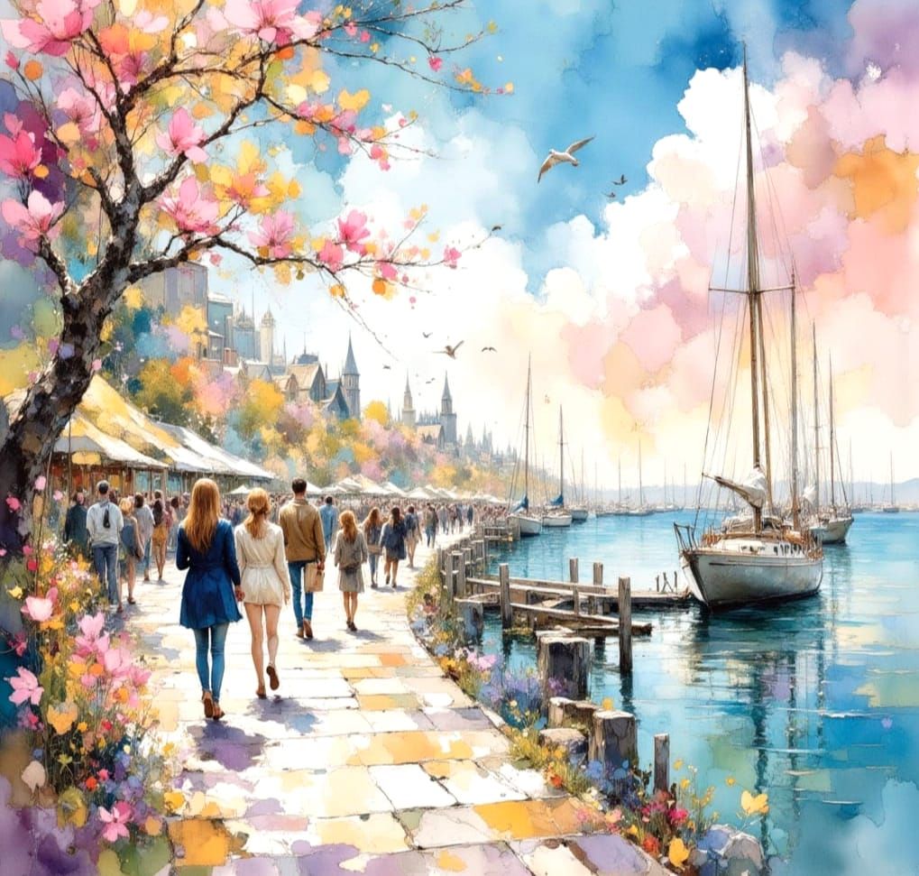 Pastel Seaside Marina Boardwalk Spring Scene