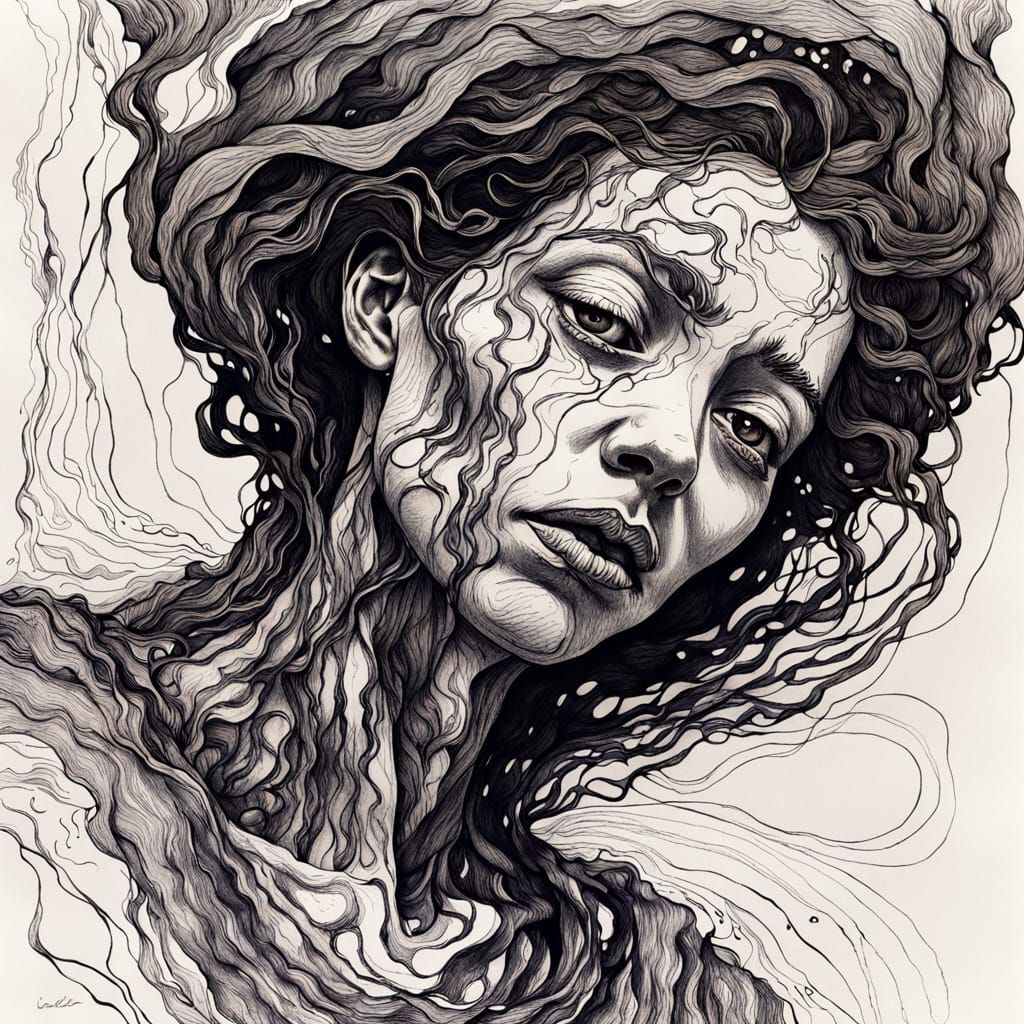 Surreal Sketch of Woman Melting in Sailor's Arms