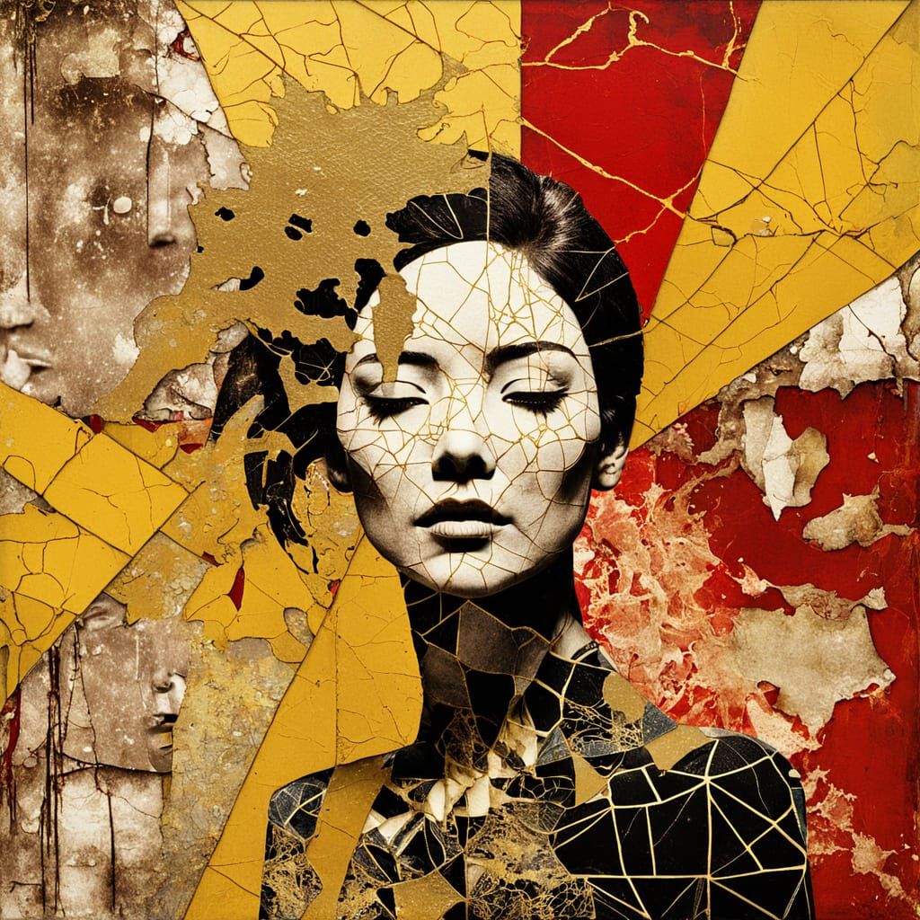 Abstract Woman Collage in Kintsugi Style