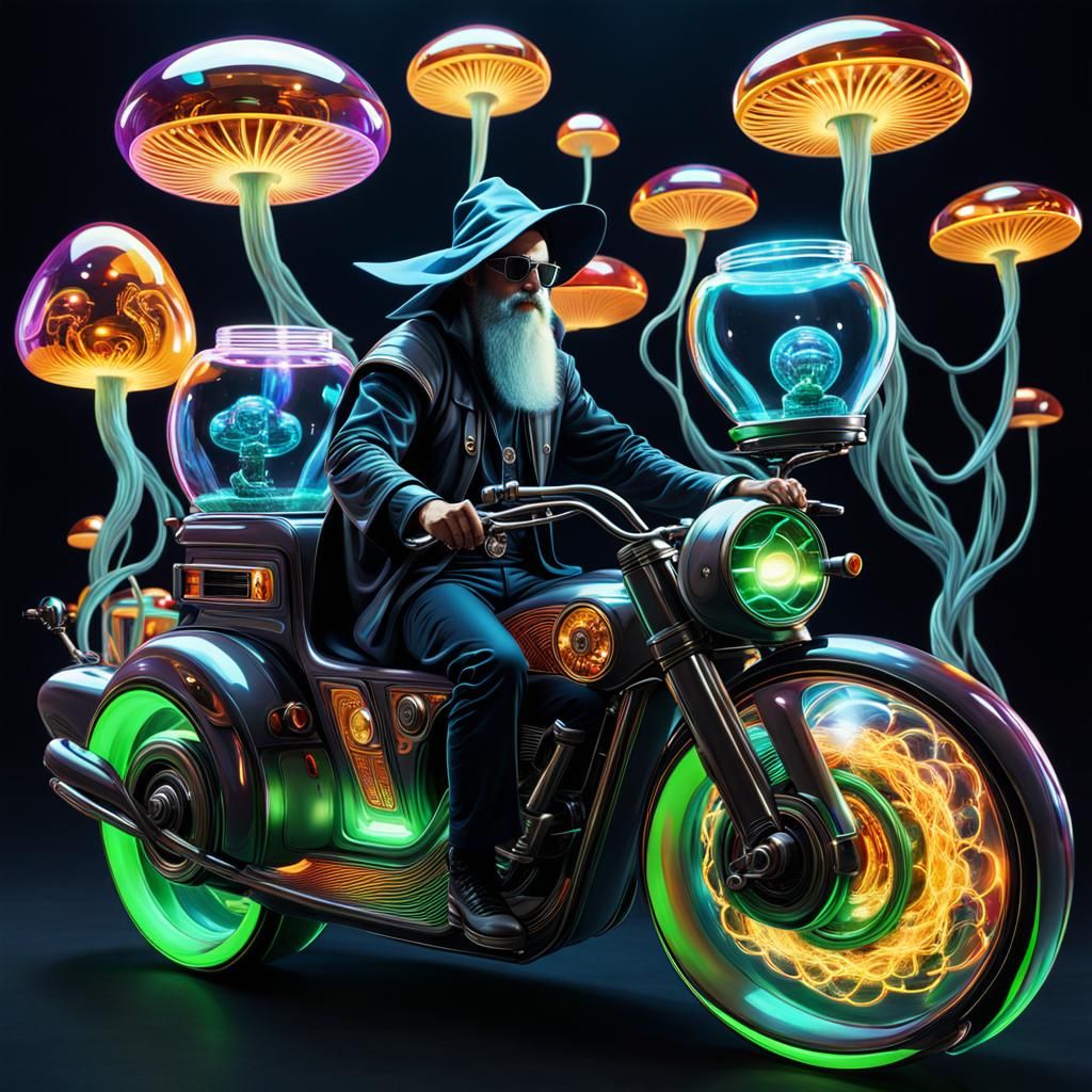 Psychedelic Wizard on Futuristic Motorcycle