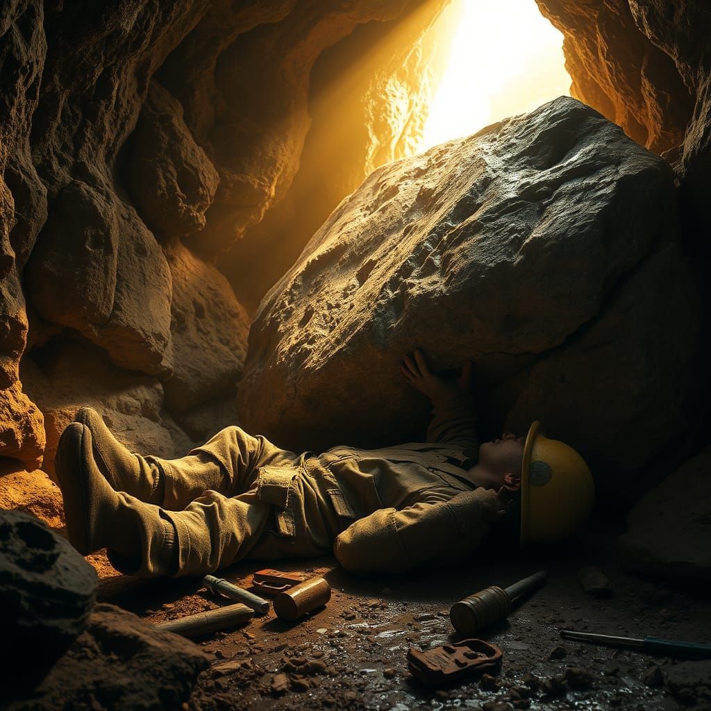 Miner Crushed Under Rock: Hyperrealistic Cinematic Drama