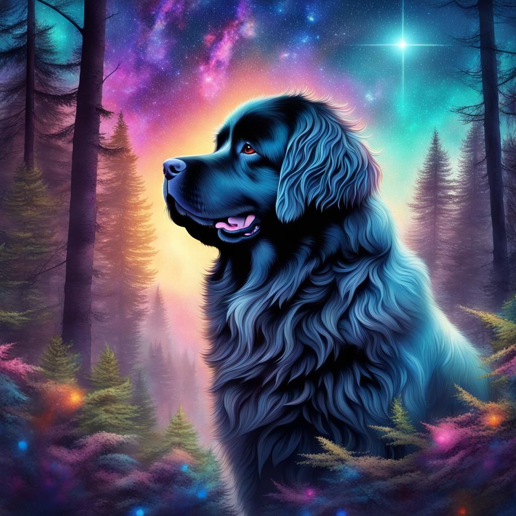 Cute Newfoundland Dog in Forest Illustration