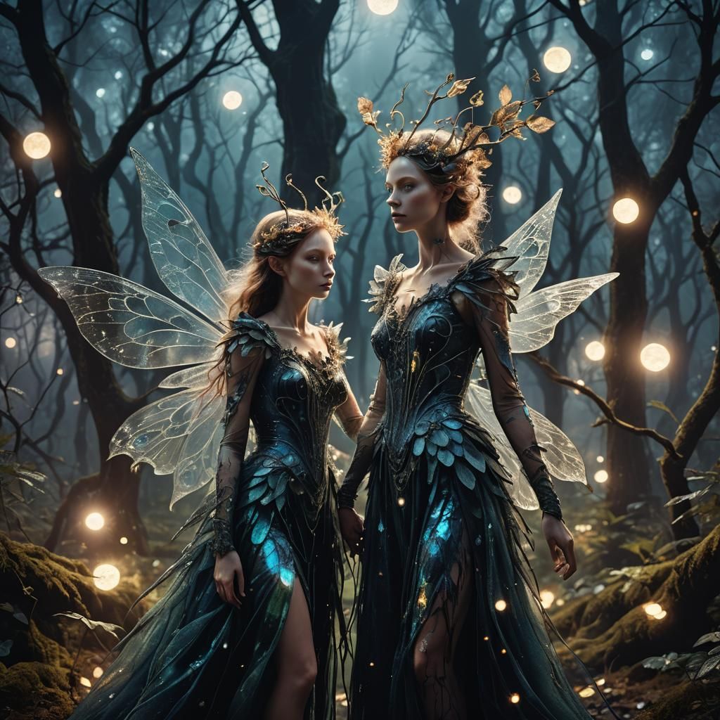 Fantasy Fey Clash in Moonlit Forest