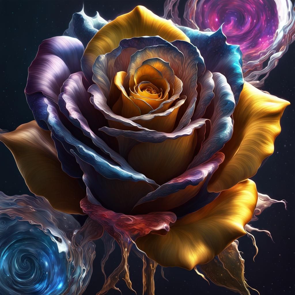 Dissolving Cosmic Crystal with Roses, Hyper Detailed Art
