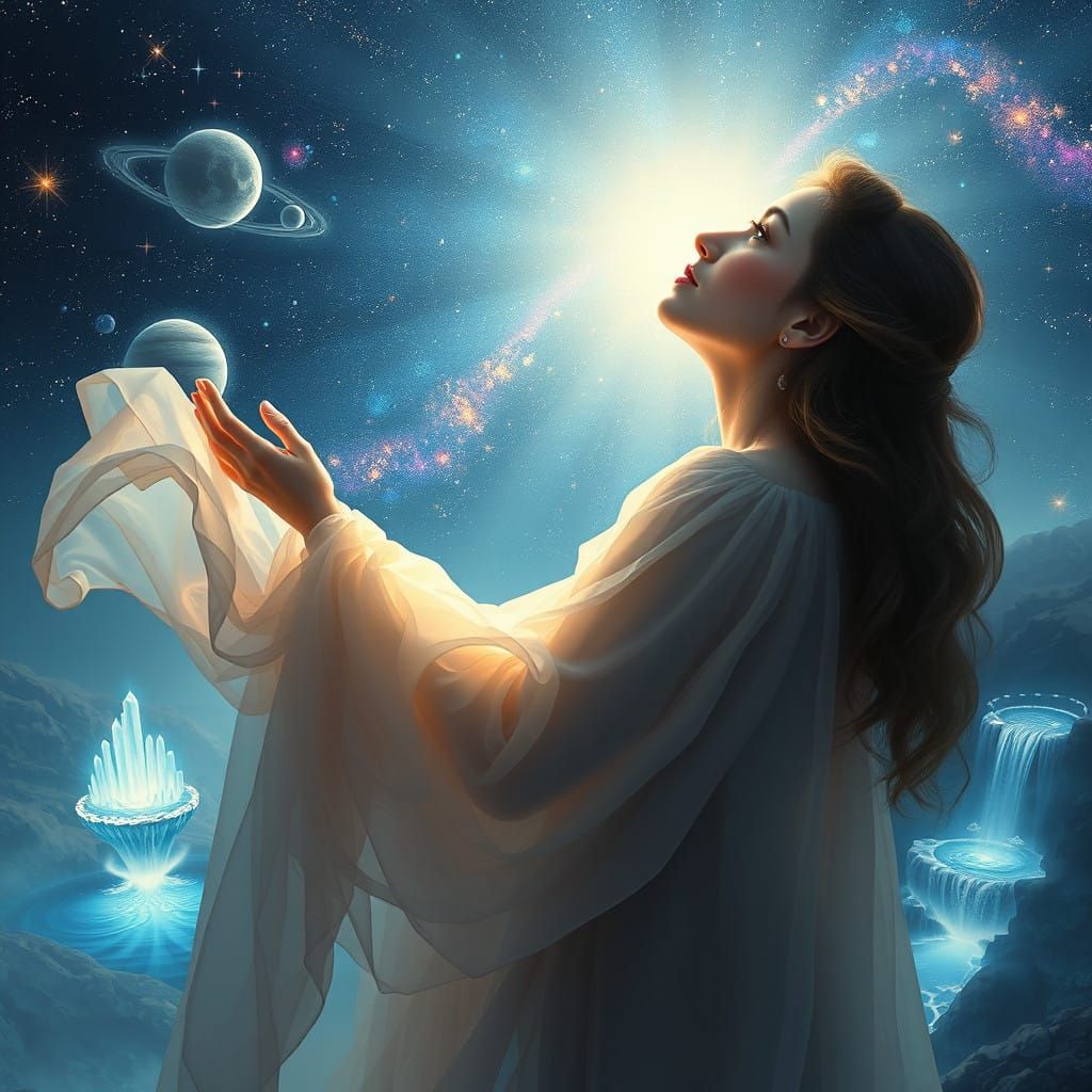 Dreamy Whispers in Xmaspunk Style: Ethereal Woman Amidst Sta...