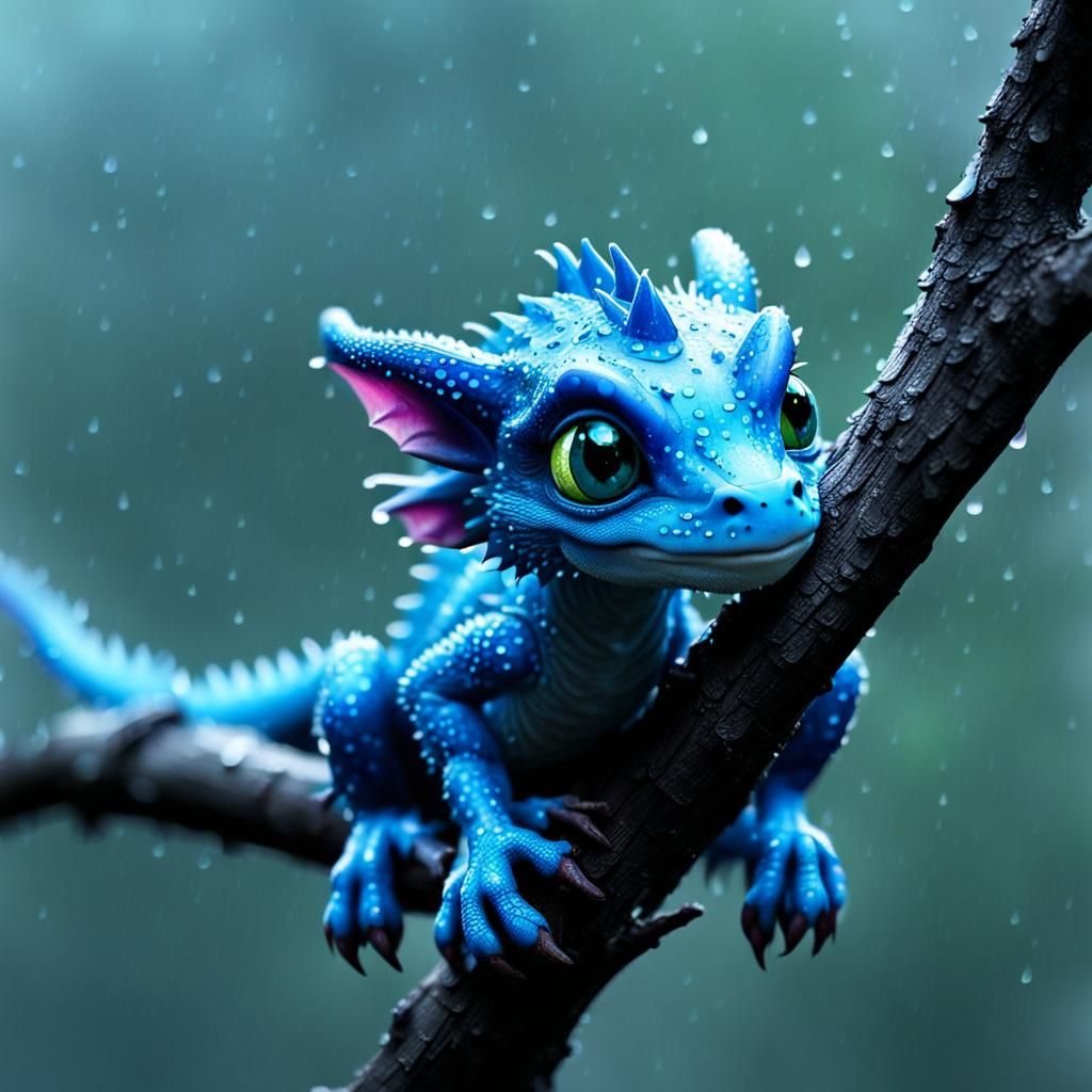 Blue Baby Dragon Seeks Shelter from Rain