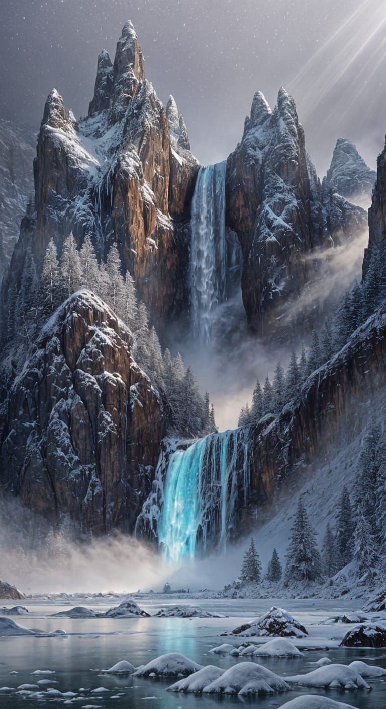 Dramatic Fantasy Floating Islands Over Snowy Mountains