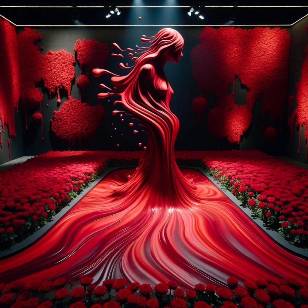 Abstract Red Figure in Rose Garden