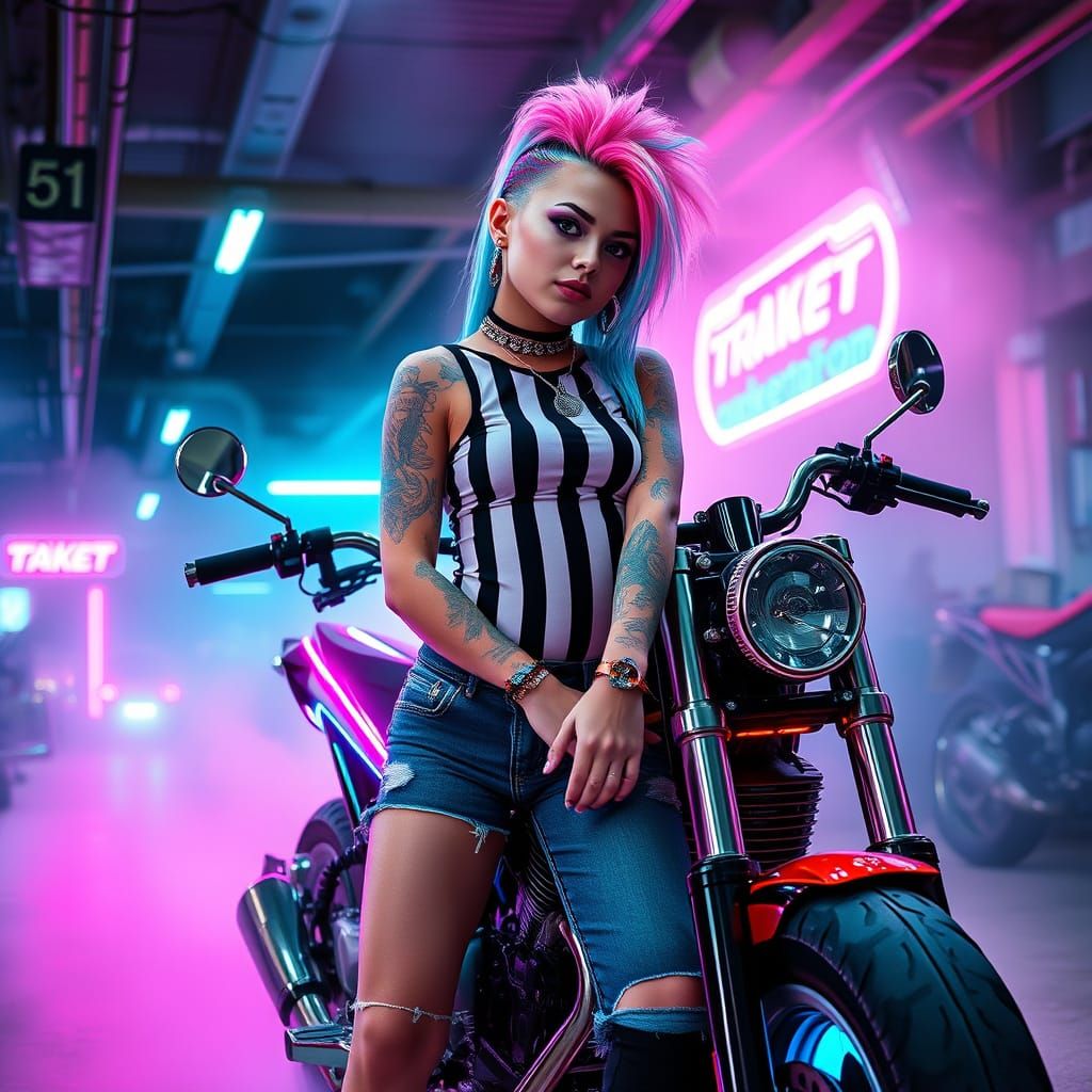 Cyberpunk Punk Girl with Futuristic Motorcycle