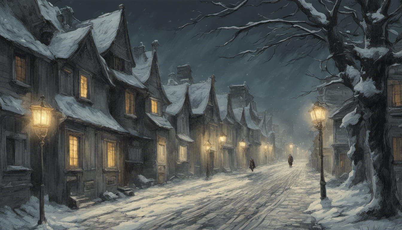 Snowy Street at Night in Gothic Horror Style