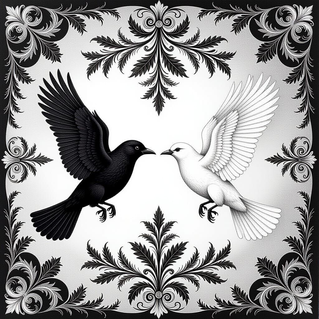 Black and White Birds Meet in Chalk Drawing Style