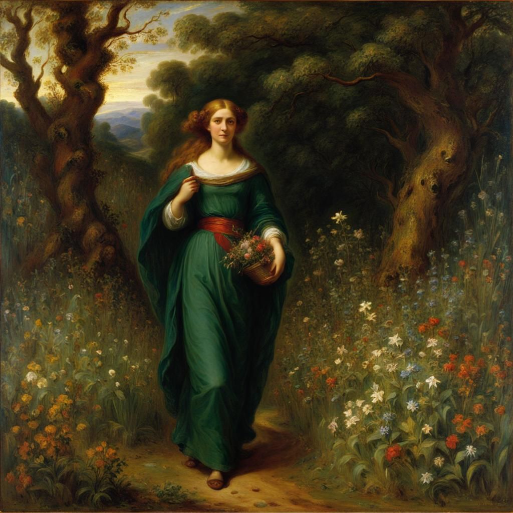 Woman Walking Among Wildflowers in Pre-Raphaelite Style