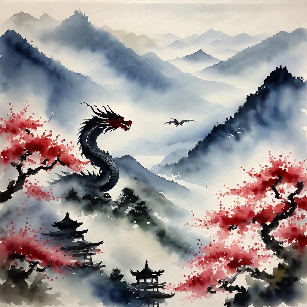 Dragon Soaring Over Mountains in Sumi-e Watercolor