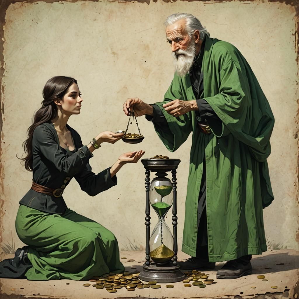 Woman Exchanges Hourglass for Coins